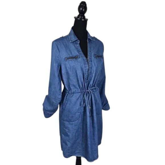Eighty Eight Chambray Shirt Dress Women’s M Blue Denim Zip Drawstring Casual - Picture 4 of 16
